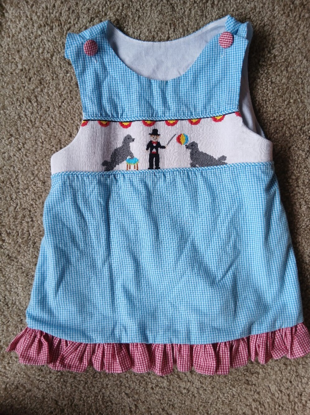 Smocked Blue Gingham Circus Toddler Dress with Red Ruffle